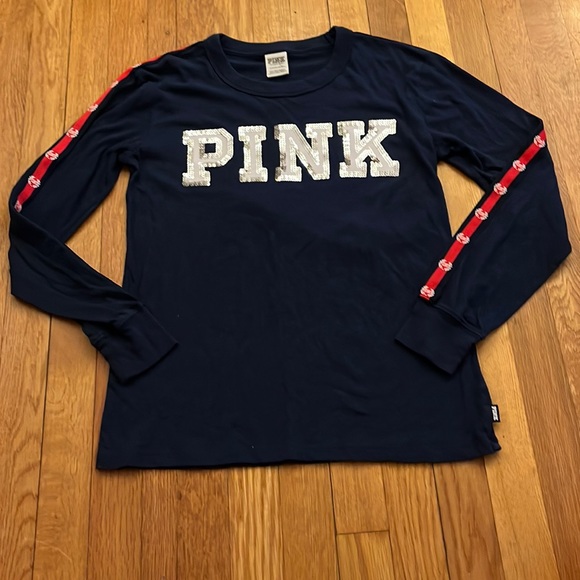 PINK Victoria's Secret Tops - PINK Victoria’s Secret •EUC block letter bling long sleeve varsity shirt •size S